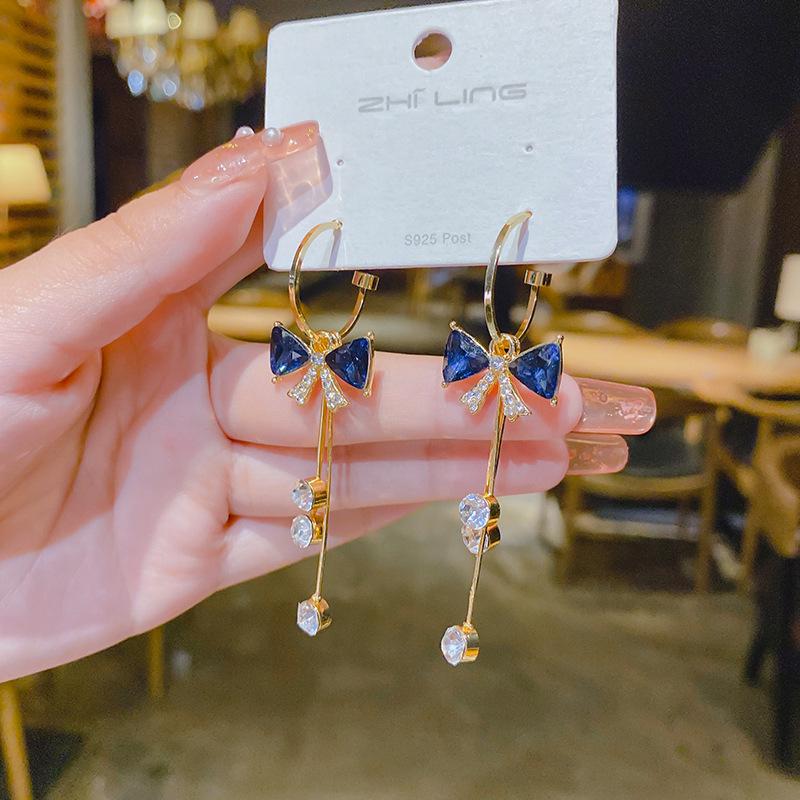 S925 Sterling Silver Korean Bow Crystal Tassel Earrings for a Super Fairy Look синий