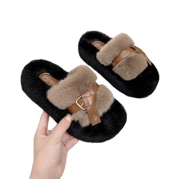 Fashion High-end Fluffy Shoes for Women's Outer Wear 2025 Spring and Autumn New Women's Belt Buckle Thick-soled Lazy Slippers for Women