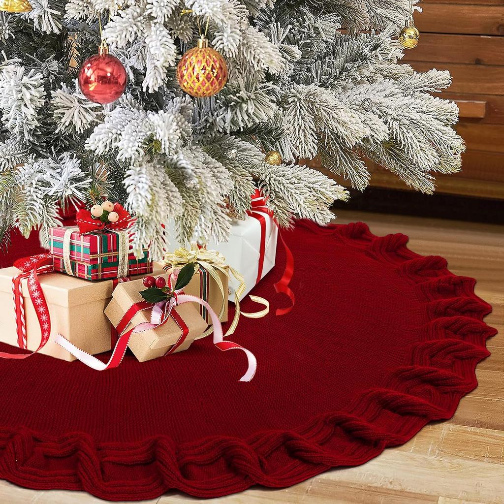 KHOYIME Red Knitted Christmas Tree Skirt 36 Inches, Rustic Vintage Large Xmas Tree Rug Skirt Chunky Thick Knit Boho Under Tree Skirt, Farmhouse