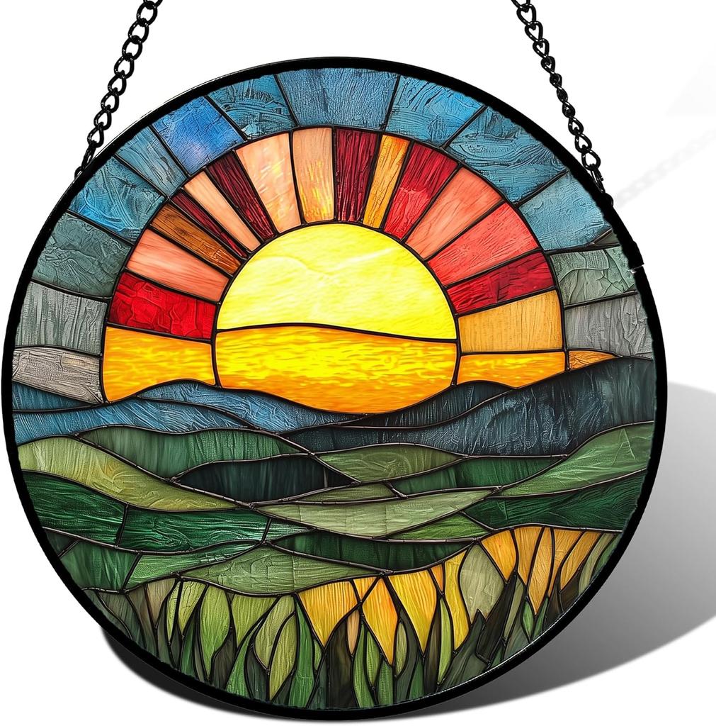 Stained Glass Window Hanging, Sunset Mountains Lake Tree Sun Catcher for Window Home Decor Landscape Suncatcher Mother's Day Birthday Gifts 7.8 in