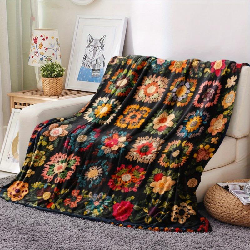 [Vibrant Blanket] Vibrant Floral Crochet Blanket Cozy Lightweight Polyester Knit Digital Print Home Decor Accent Soft Texture