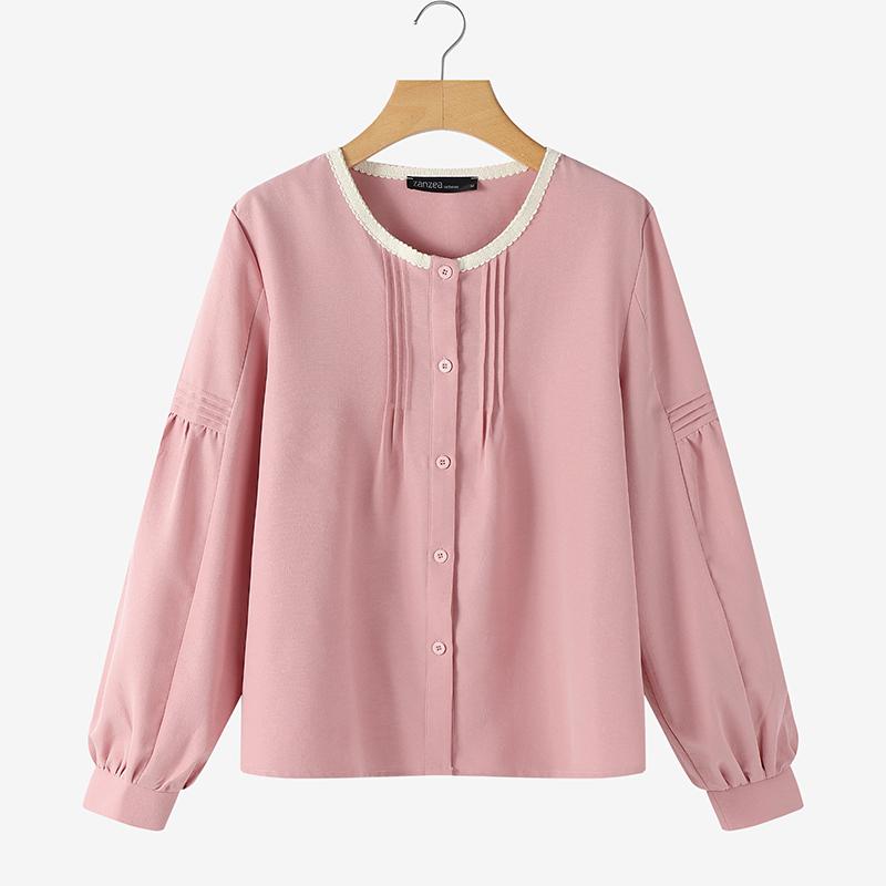 ZANZEA Women Casual Round Neck Solid Color Long Sleeve Blouse
