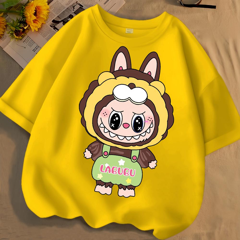 Cute Labubu2025 New Girls' Short Sleeved Round Neck Loose and Versatile Children's T-shirt Casual Cute Cartoon Top