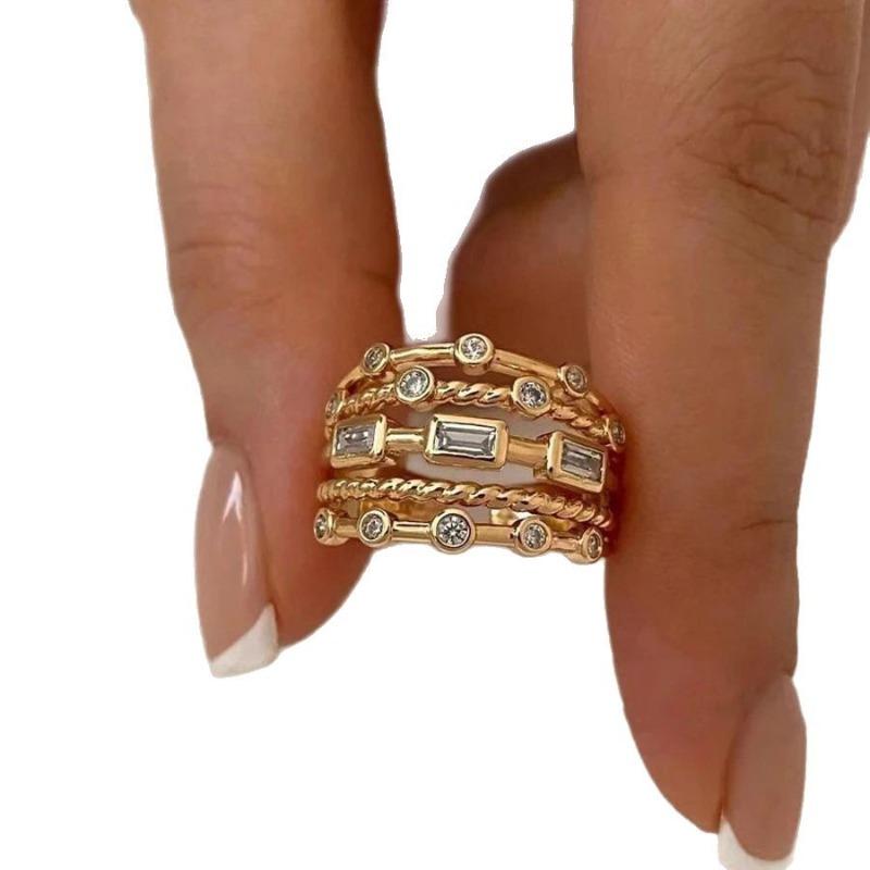 New Stainless Steel 18 K Gold Plated Sun Rings for Women Natural Stone Inlaid in Hollow Metal Texture Ring Trendy Jewelry