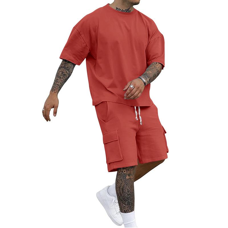 

Men s Oversized T-Shirt & Cargo Shorts 2-Piece Set Casual Streetwear Tracksuit S червоний