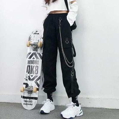 Frauen Cargo Hosen Harem Hosen Mode Punk Taschen Jogger Hosen Mit Kette Harajuku Gummi Hohe Taille Streetwear