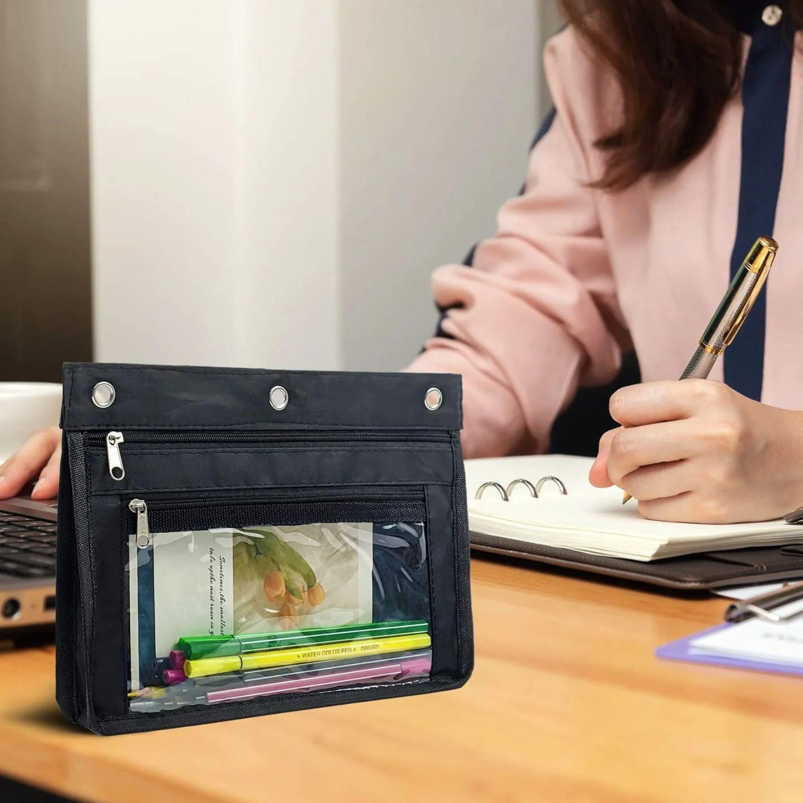 

Пенал для папки с тремя кольцами, расширяемый карман на молнии, пенал большой емкости с прозрачным окошком One Size чёрный