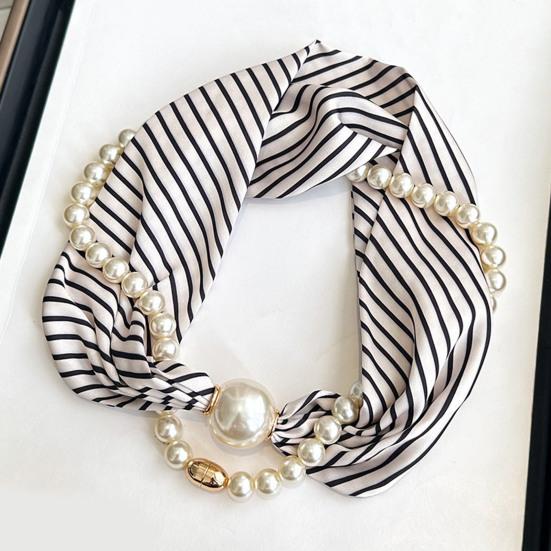 Sciarpa da Donna Stampa a Righe Perla Sintetica Fibbia Magnetica Texture Morbida Liscia Sciarpa Estiva Versatile Sottile Accessorio per il Collo