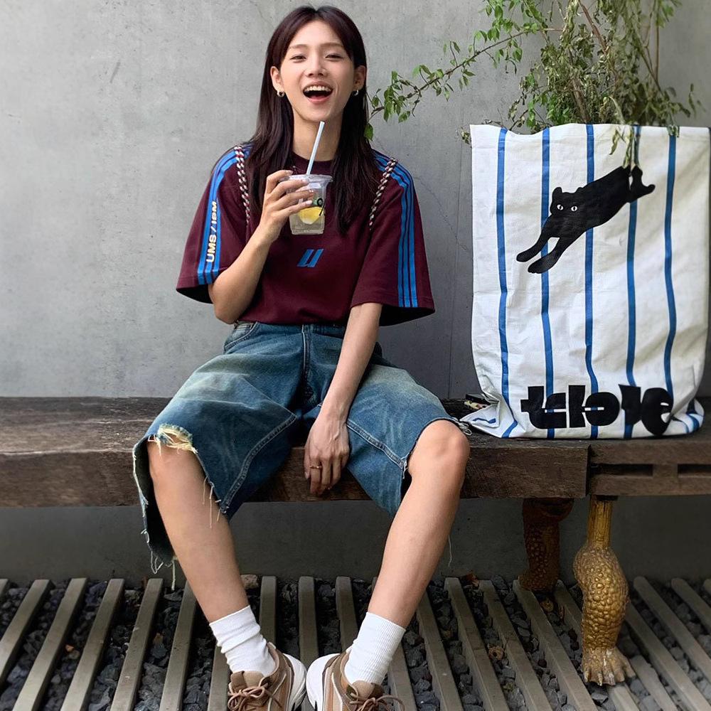 

Women s Retro Hiphop Color Block Striped Short Sleeve T-Shirt - Loose Casual Summer Top M (up to 100 jin recommended) коричневий/червоний