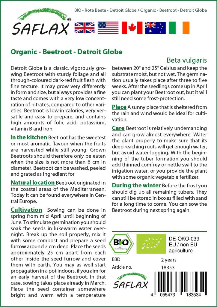 SAFLAX Garden In the Bag - Organic - Beetroot - Detroit Globe - 100 Seeds - With Substrate In a Fitting Stand Up Bag - Beta Vulgaris