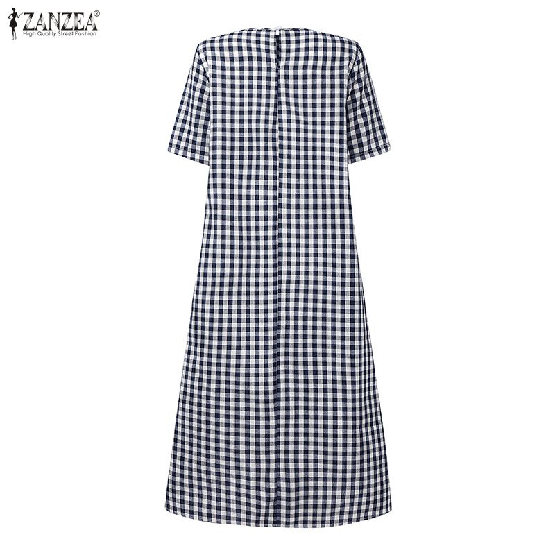 ZANZEA Women Plaid Print Casual Round Neck Short Sleeve Dress