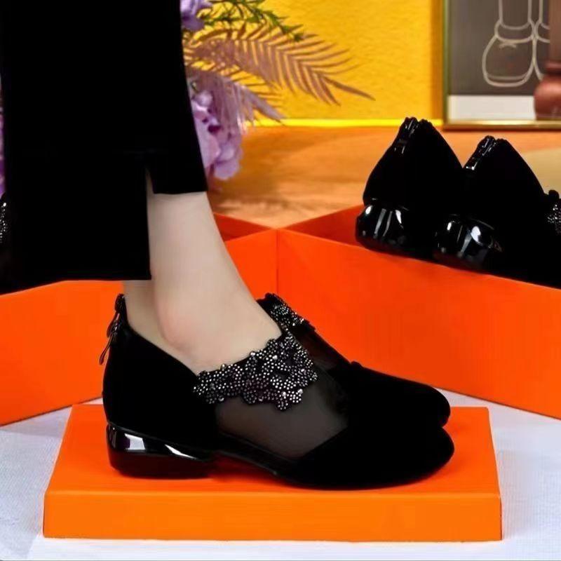 Soft Soled Women's Shoes Mesh Zipper Fairy Style Flower Single Shoes Casual Shallow Mouth Bean Shoes