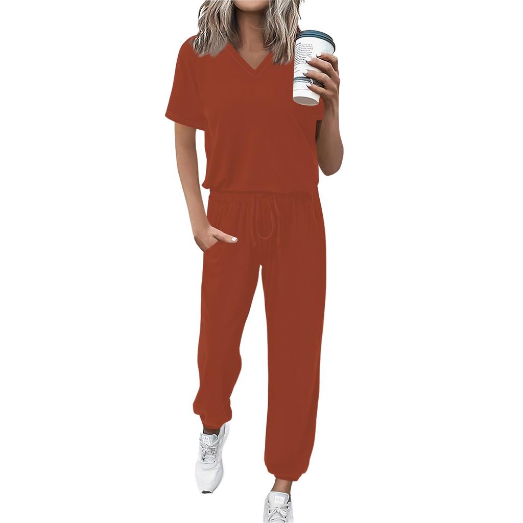 Women's Jogging Fashion V-Neck Color Short Sleeve Belt Loose Pants Tracksuit