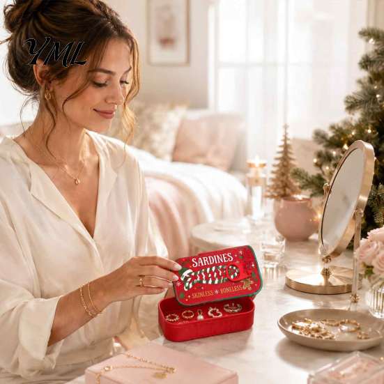 Portable Jewelry Organizer Christmas Sardine Tin Shaped Box, Travel Jewellery Storage Case with Decorative Gift Fish Bone Divider, Mini Necklace