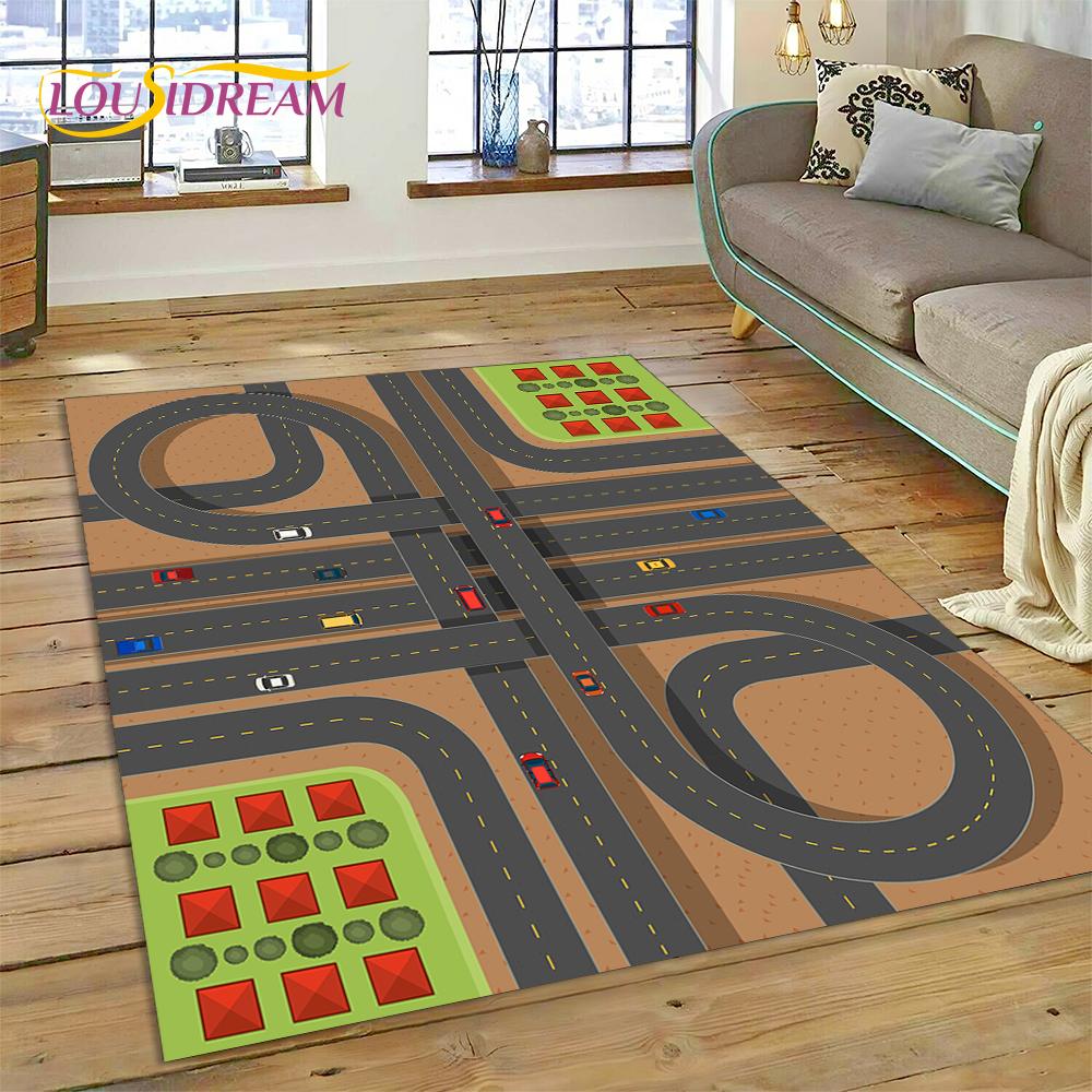 3D City Traffic Road Map Child PlayMat Highway Playroom Area Rug,Carpet Rug for Living Room Bedroom Sofa Doormat, Non-slip Gift