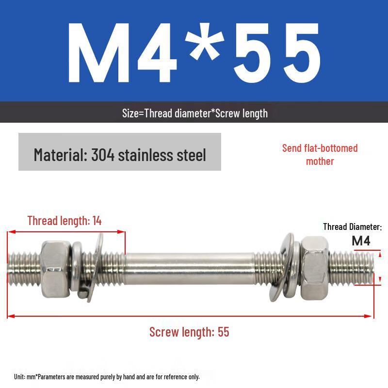 304 Stainless Steel M4x55 Double-Ended Stud Bolt & Nut Set
