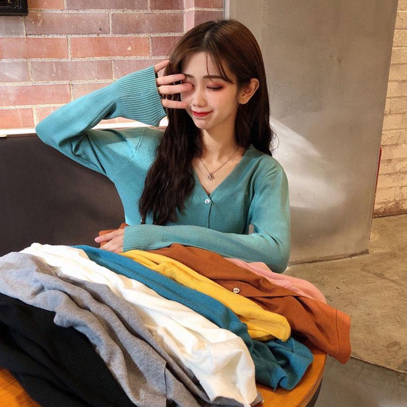 Spring and Autumn Thin Women's Knitwear Short Cardigan Western Style V-Neck Versatile Long Sleeve Top