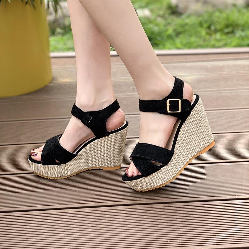 One-word Buckle with Hemp Rope Comfortable Summer New Wedge Heel Sandals Cross Fish Mouth Water Table High Heel Women's Shoes
