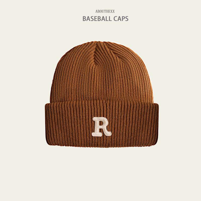 Hats for Women's Autumn and Winter New Warm Knitted Hat Korean Version Versatile R Letter Wool Hat Couple Head Hat Men's Trend