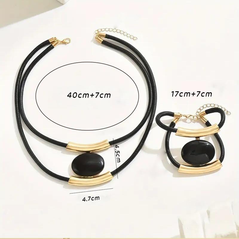 Halskette Armband Set Schwarzer Acryl Anhänger Mehrlagig Retro Schlichter Schmuck