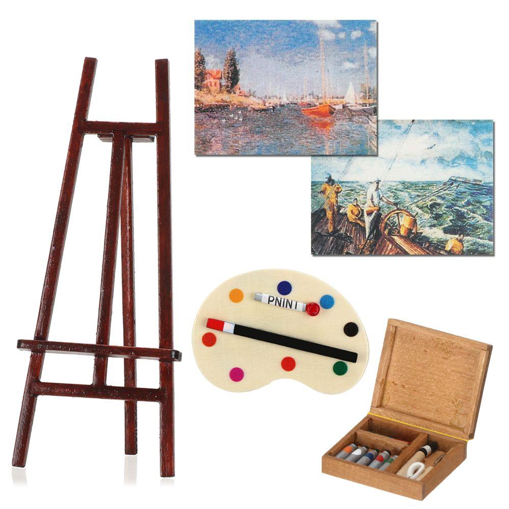 1:12 Dollhouse Furniture Miniature Easel Wood Box Drawing Board Artist Paint Pen Dolls DIY Model Set Toy Accessories