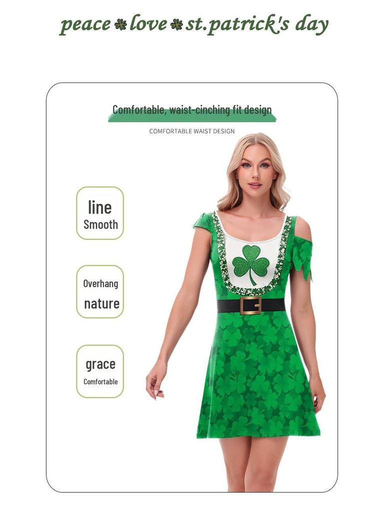 Clover St. St. Patrick's Day Kleid mit asymmetrischen Ärmeln und digital bedrucktem Rock für Damen