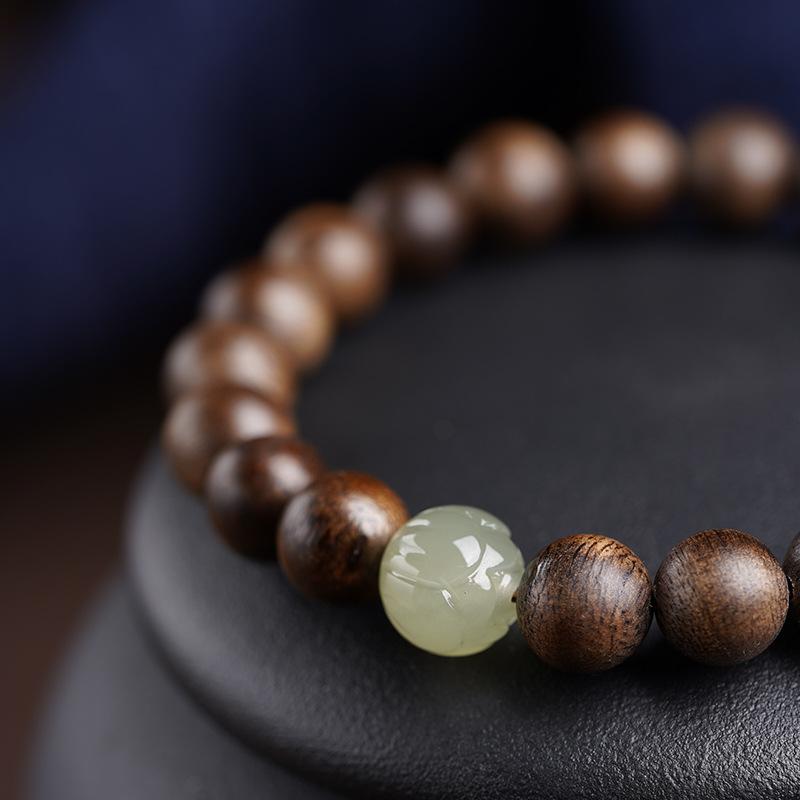 Natural Agarwood Bracelet for Men and Women, Zodiac Buddha, Hetian Jade Lotus Couple Bracelet