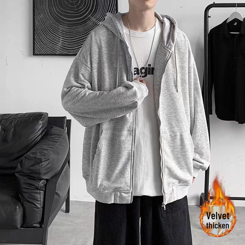 Unisex Trendy Loose Fit Casual Hooded Zip-Up Cardigan with Velvet Lining