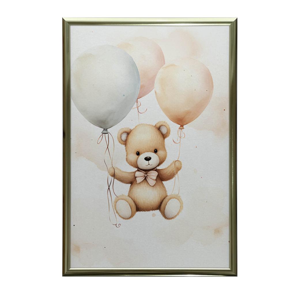 Miś W Balonowej Podróży Miś W Balonowej Podróży, 30X40 Cm, Rama Drewniana Ciemny Brąz, Papier Matowy 230 Gsm