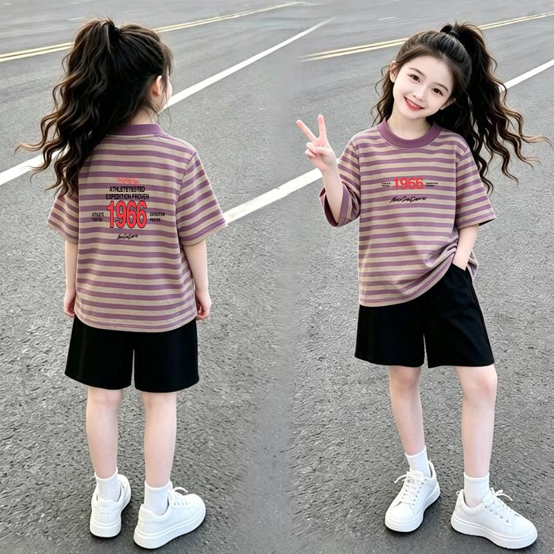 Girls' Stylish Patchwork Stripe Short Sleeve T-shirt Set for Ages 6-15