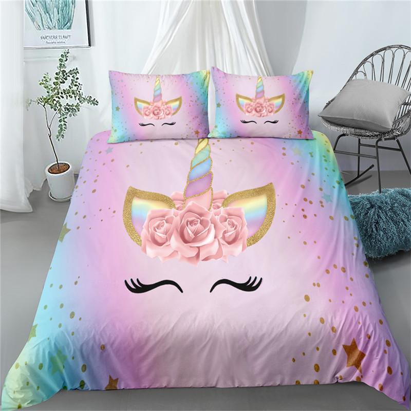 Set Copripiumino Principessa Rosa Unicorno Sorridente King Queen Full Twin Size Biancheria da Letto