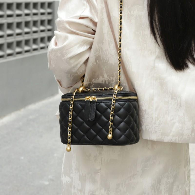 High-end Style Box Bag New All-matching Small Golden Ball Diamond-grid Chain Authentic Leather Women's Square