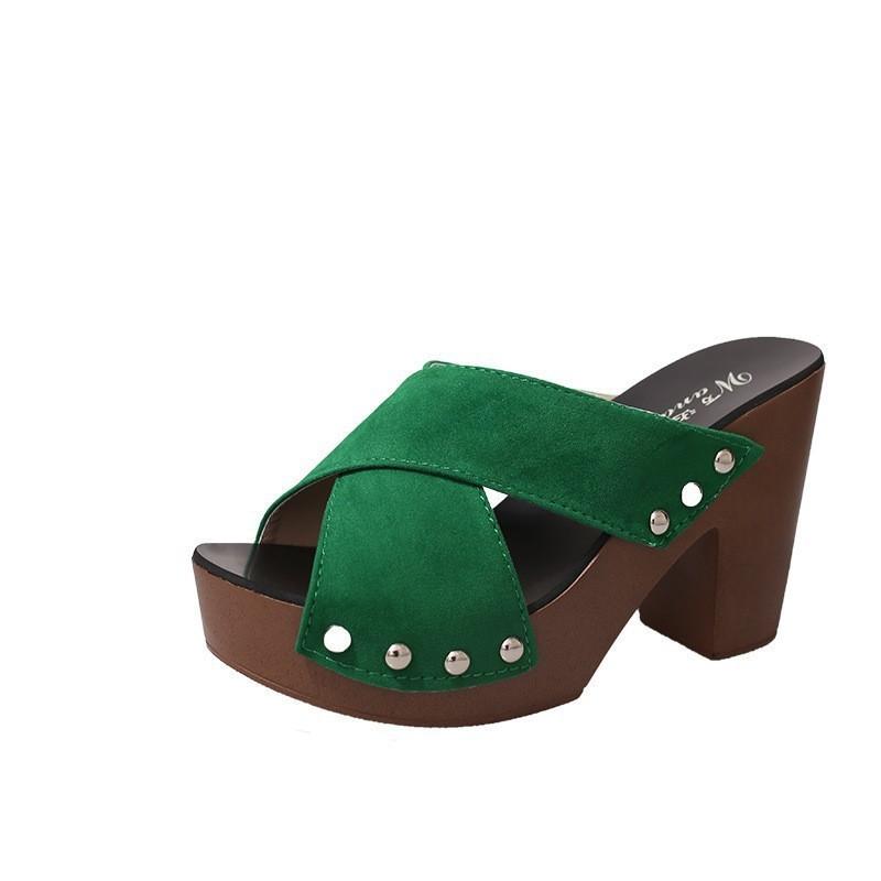 Summer fish mouth one-word rivet cross strap high heel thick bottom waterproof table sandals women