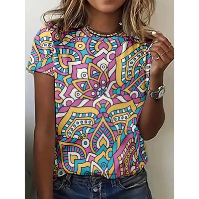 Colorful Retro Pattern T Shirt For Women Exquisite Ethnic 3d Printed Short Sleeves Tees Summer Casual Loose T-shirts O-neck Tops