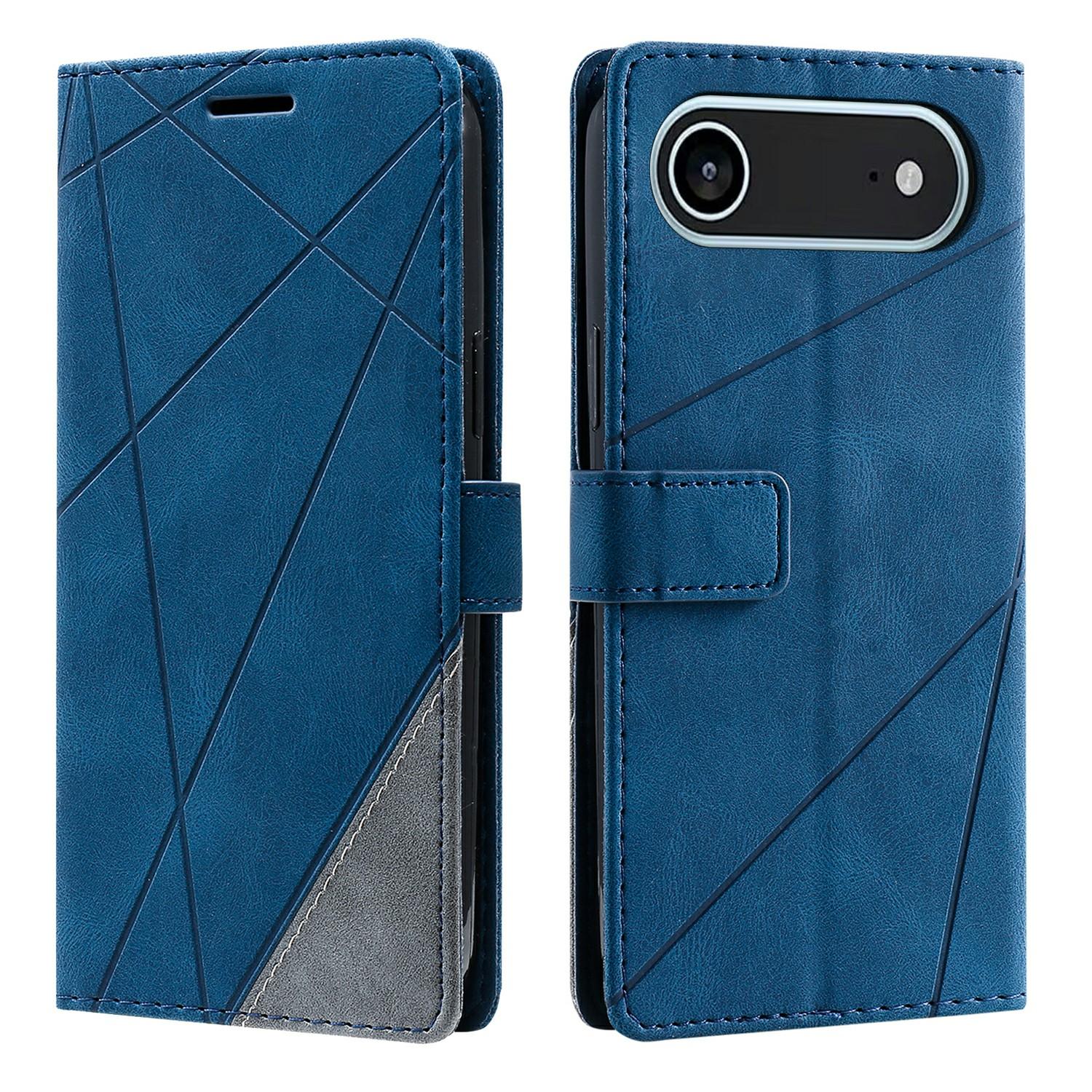 

For iPhone 17 Air Case Imprinted Lines PU Leather Splicing Wallet Phone Cover Blue