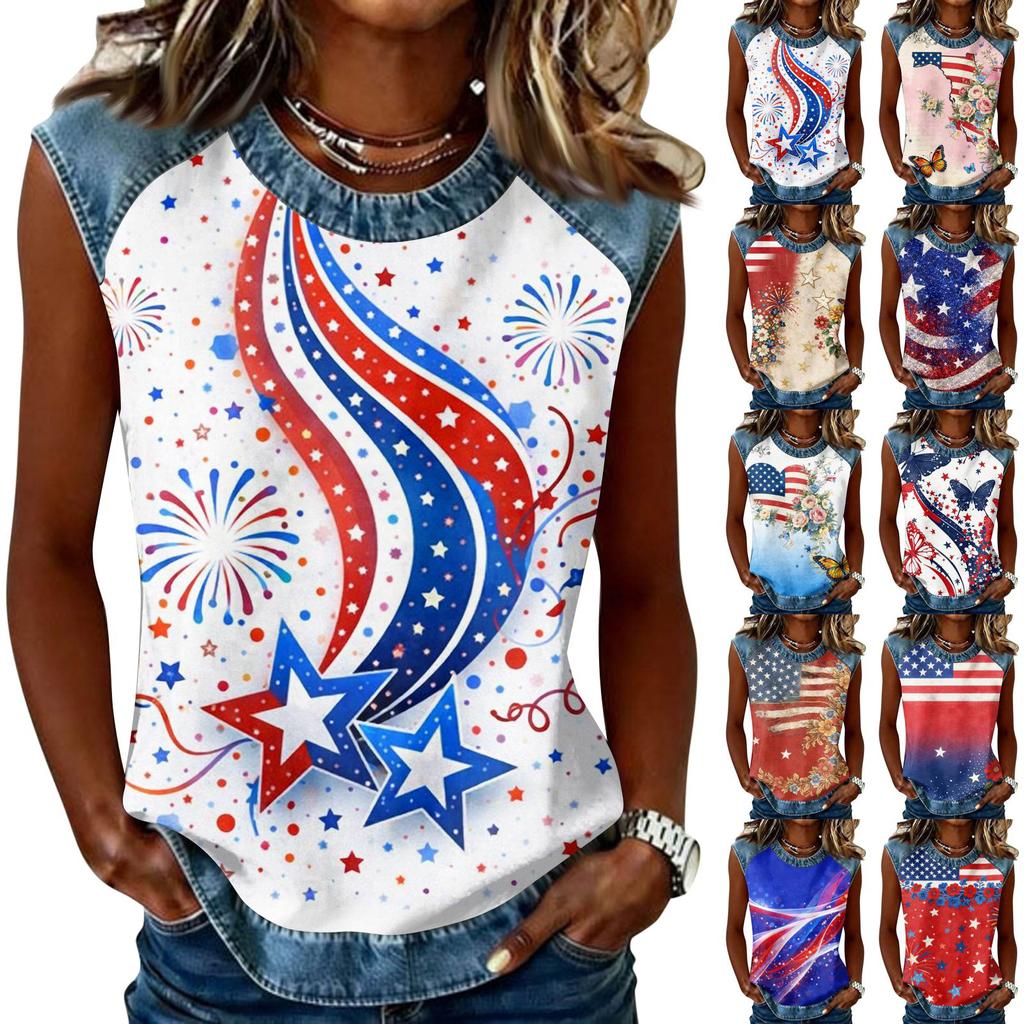 Sleeveless Crew Neck Casual Top with Denim Trim and Star Firework Floral Print for Women Summer Wear