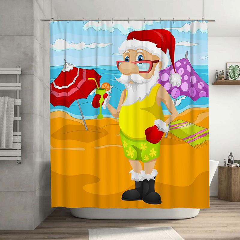 TU Santa Claus Beach Shower Curtain Tropical Summer Vacation Holiday Bathroom Decor Festive Christmas Gift Coastal Vibes Wall Ar 90x180cm35x71in
