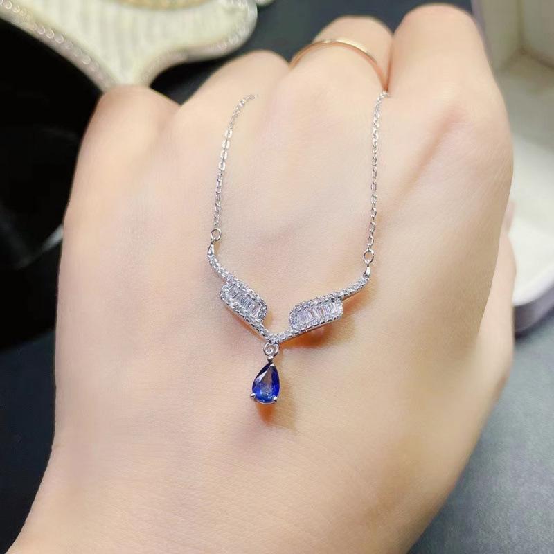 Blue Diamond Angel Wing Water Drop Pendant Necklace in Japanese/Korean Style - Elegant & Versatile for Women