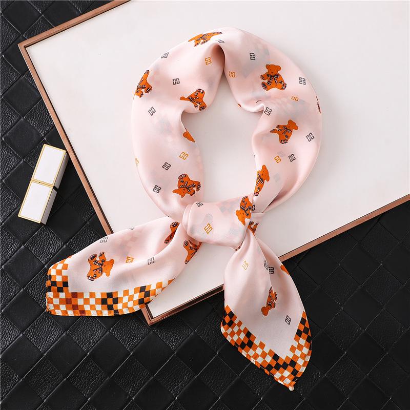 Small scarf scarf, cute scarf, printed literary square scarf, silk scarf, new simple simulation silk woman scarf, bear Korean version