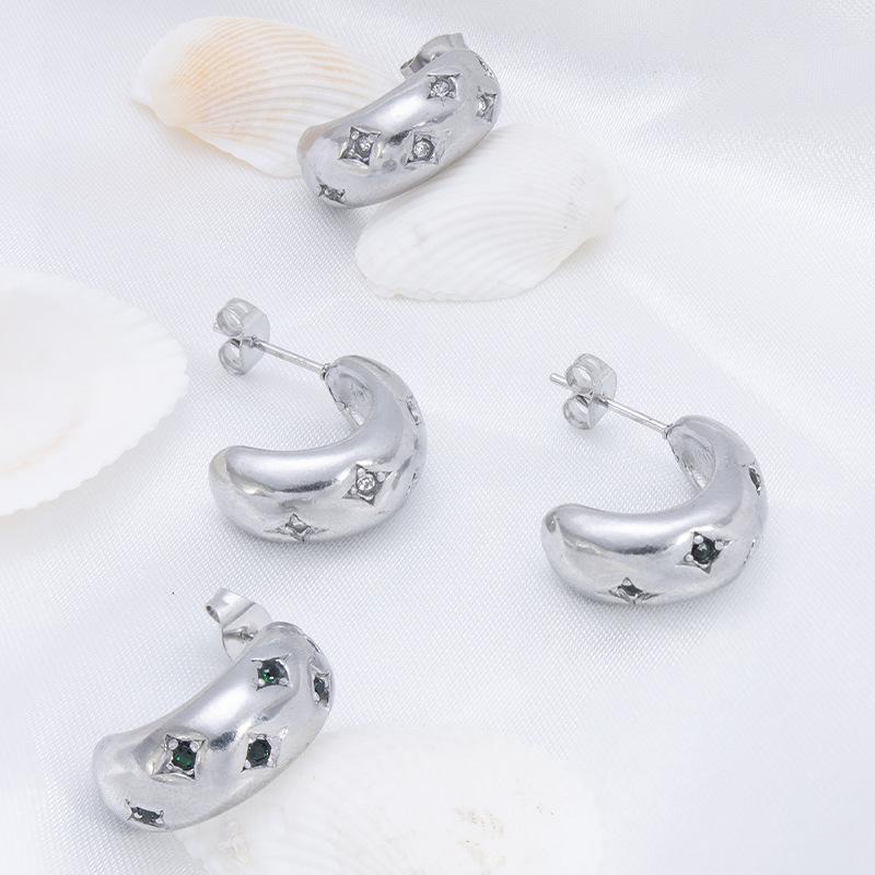 European and American retro style semicircular stainless steel diamond earrings high fashion light luxury women's titanium steel stud earrings