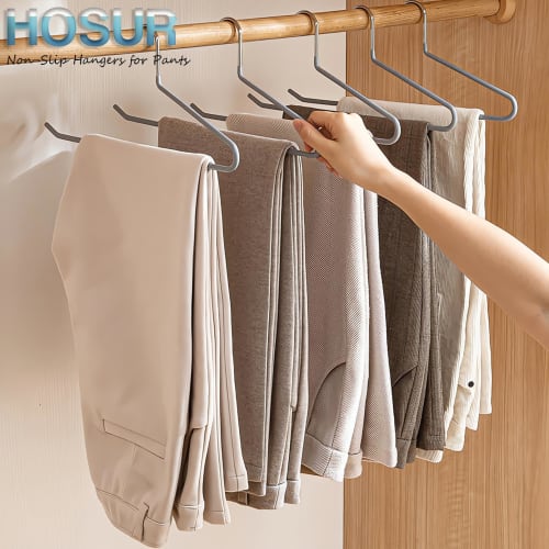HOSUR Pants Hangers, Non-Slip, 10-Piece Set, for Slacks, Single Pants, and Long Skirts, Non-Marking, Space-Saving, Durable, Black