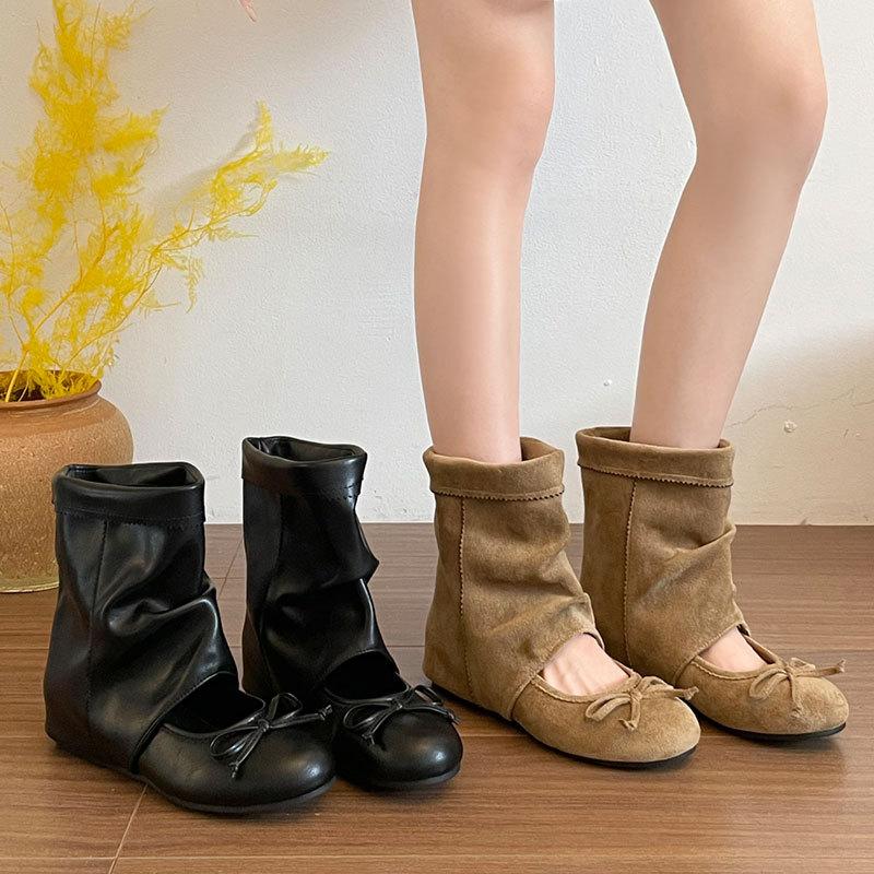 Bow inner height increase pile cool boots women's 0000 spring and autumn sandals bow ballet pleated short boots women's short boots
