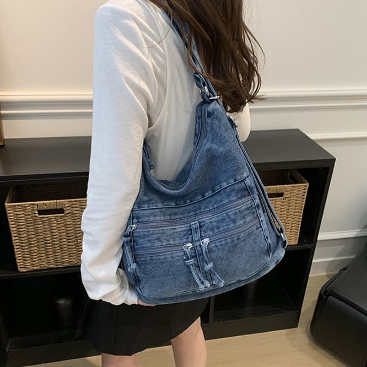 Vintage gewaschene Denim-Tragetasche Schulter-Umhängetasche Damen-Tasche