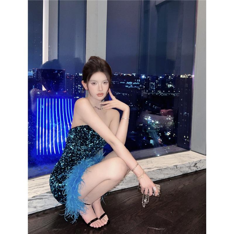 New sexy hottie tube top dress dress socialite heavy industry sequined feathers pure hip wrap dress