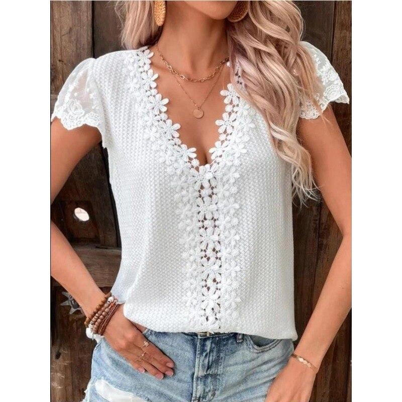 Blusas Summer Lace Solid Short Sleeve Casual T-shirt Womens Loose Shirt Women V-Neck Tee Shirt Casual Top Solid Top 28332