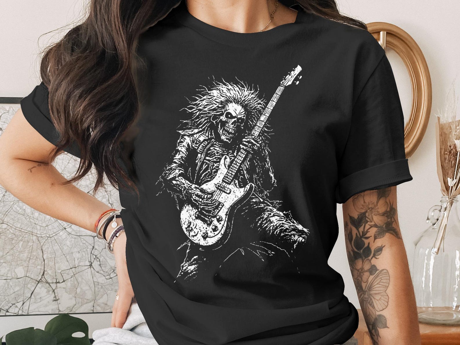 Heavy Metal Skeleton Guitarist T-Shirt, Rock and Roll Skull Tee, Goth Music Lover Shirt, Grunge Skeleton Band Tee, Musician Gift 3XL