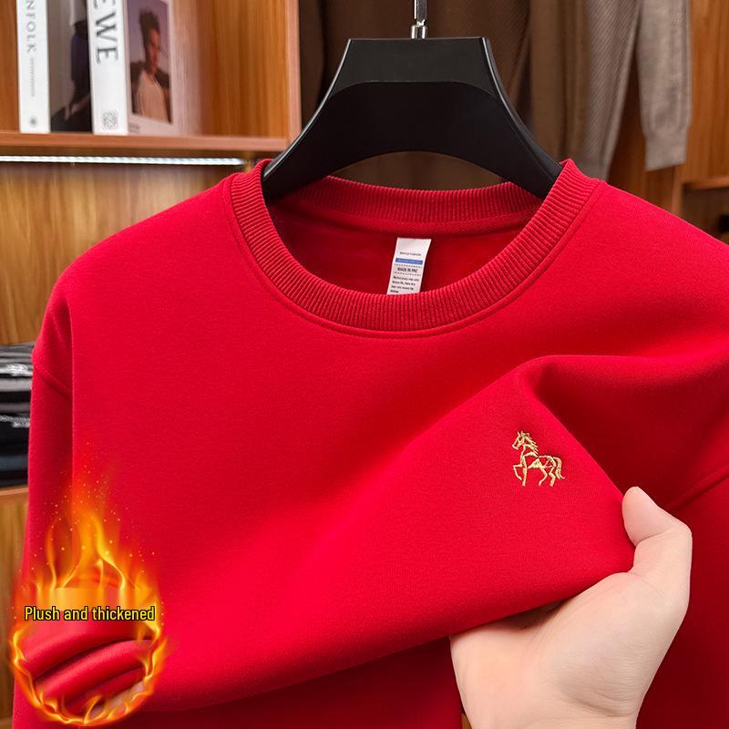 

2025 Year of the Horse Men s Red Hoodie - Winter Warmth, Plus Velvet, Thickened, Round Neck 175/XL (135-150 jin) червоний