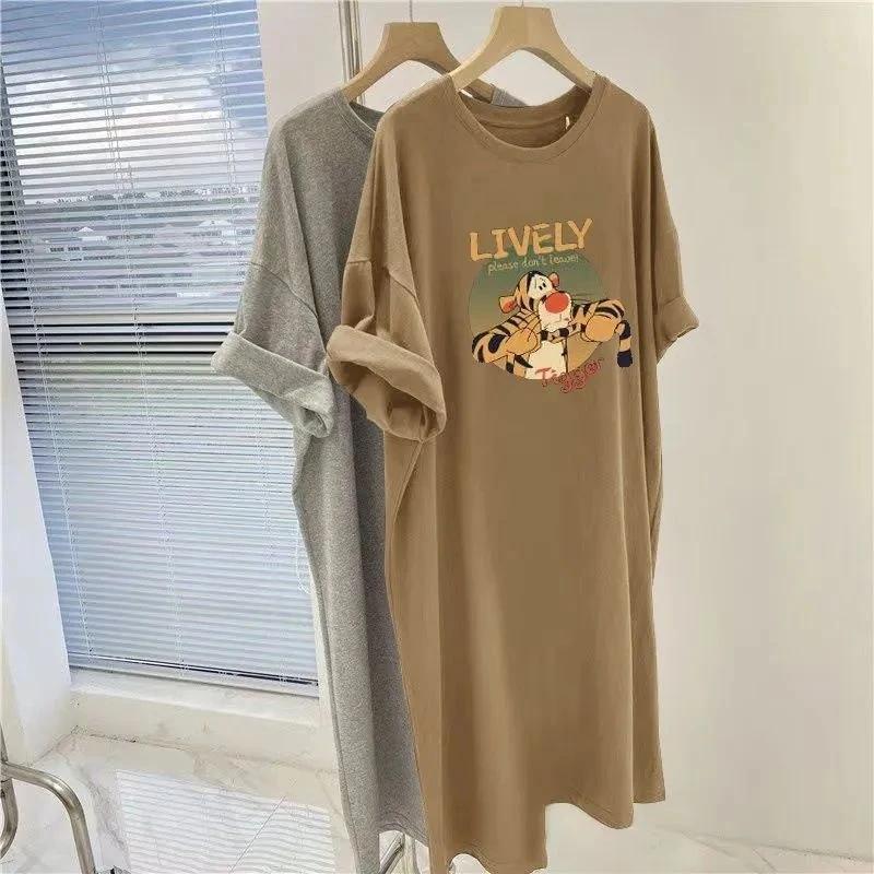 T-shirt Women Casual Large Size Loose Round Neck Pullover Short-sleeved Long Tops