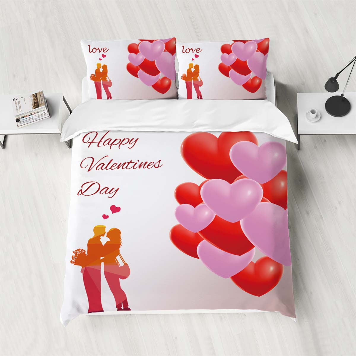 

3-piece down duvet cover set with rose heart pattern print (1 duvet cover+2 pillowcases, no core) couple bedding set 135x200cm-EU-Single