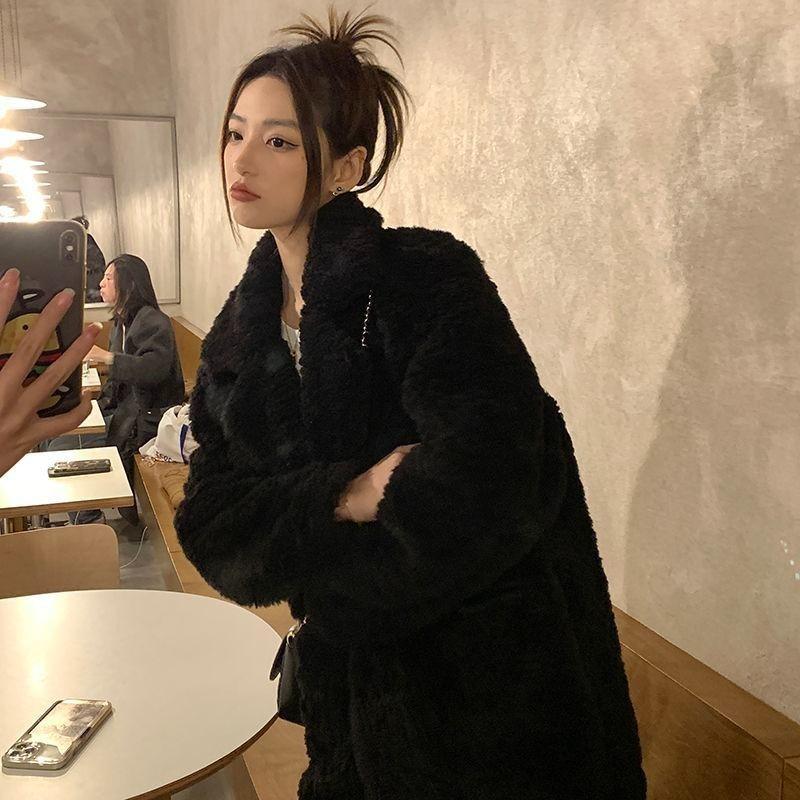 

Women s Black Teddy Faux Fur Coat Oversized Lapel Warm Winter Jacket S чорний